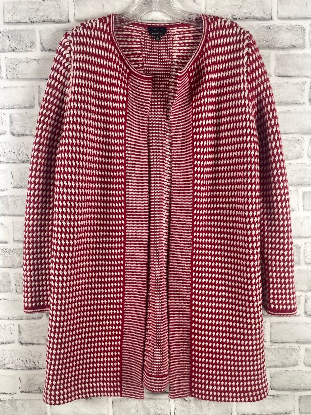 Talbots Cardigan Sweater Womens Small Red White Pure Merino Wool Knit Open Front